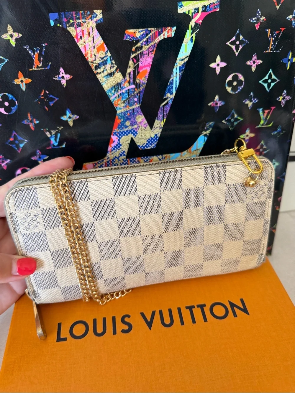 Louis Vuitton Authentic Damier Azur Zippy Long Wallet Purse with Chain